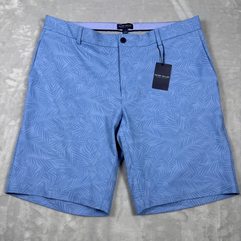 Peter Millar Crown Crafted Mens 35 Blue Palm Performance Golf Shorts NEW